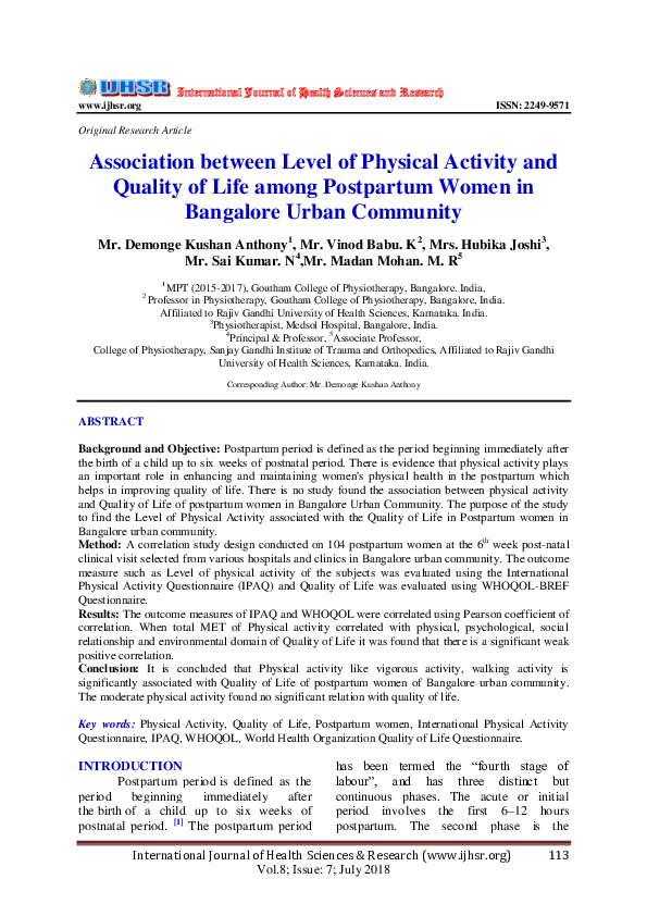 (PDF) Association between Level of Physical Activity and Quality of ...