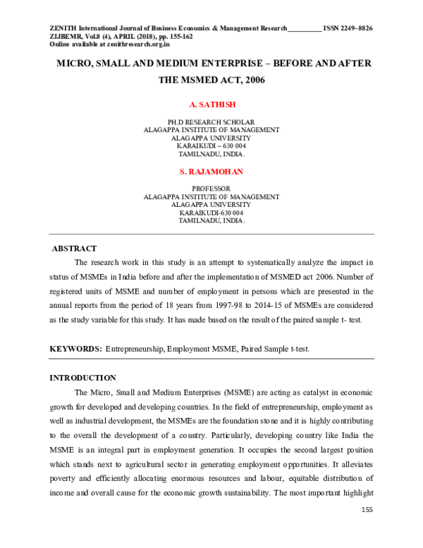  PDF MICRO SMALL AND MEDIUM ENTERPRISE BEFORE AND AFTER THE MSMED ACT 2006 A Sathish 