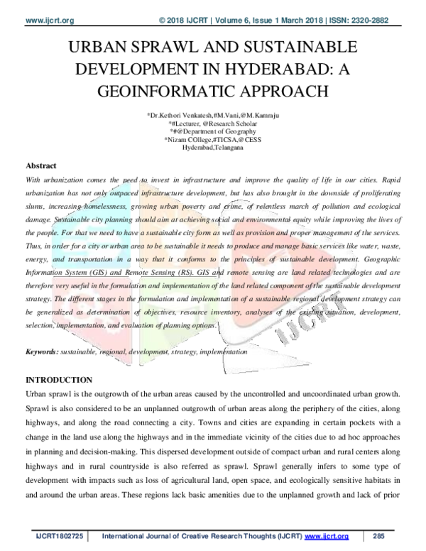 (PDF) URBAN SPRAWL AND SUSTAINABLE DEVELOPMENT IN HYDERABAD: A ...
