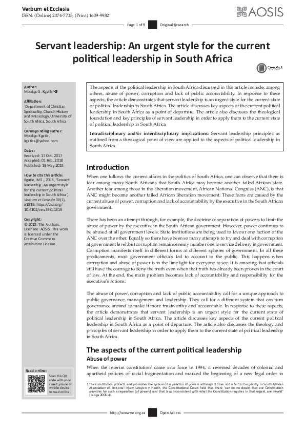 (PDF) Servant leadership: An urgent style for the current political ...