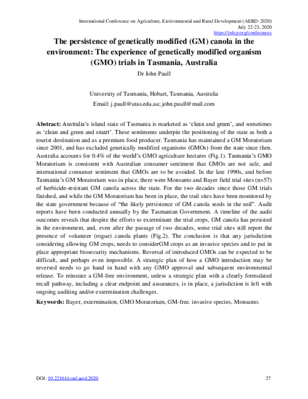 (PDF) The persistence of modified (GM) canola in the