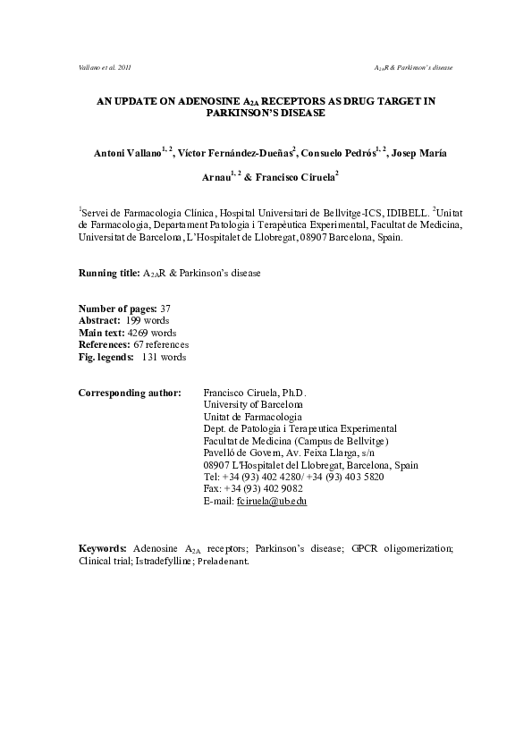(PDF) An Update on Adenosine A2A Receptors as Drug Target in Parkinson ...