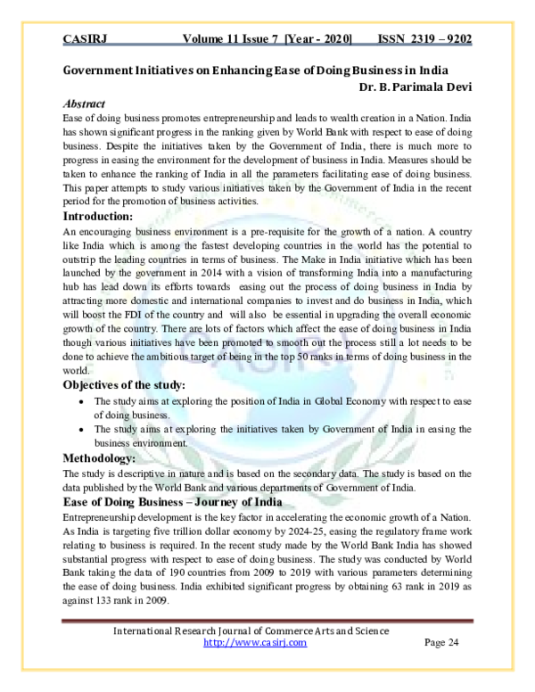 (PDF) Government Initiatives on Enhancing Ease of Doing Business in India