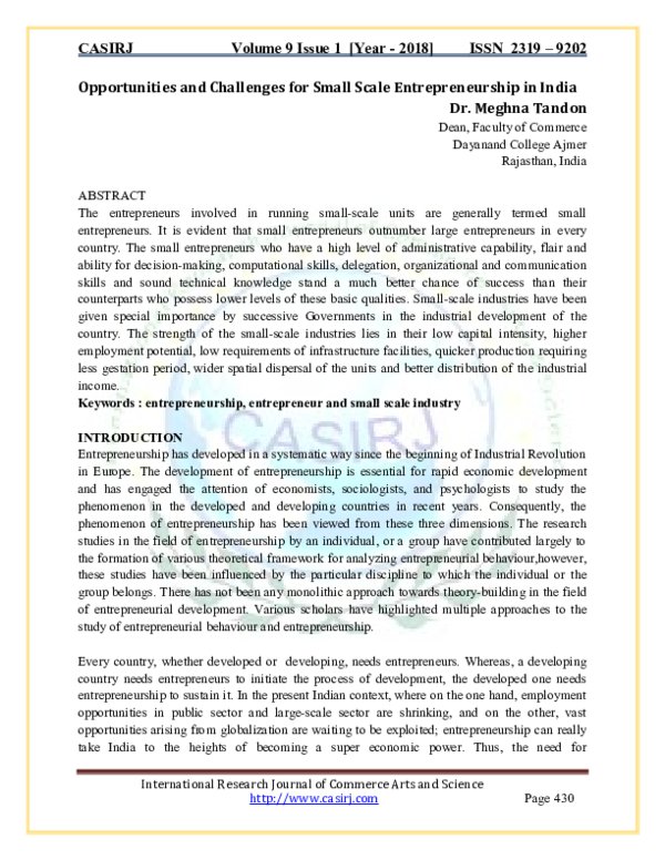 (PDF) Opportunities and Challenges for Small Scale Entrepreneurship in ...