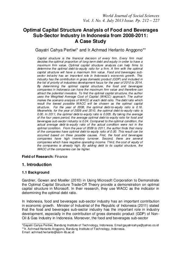 (PDF) Optimal Capital Structure Analysis of Food and Beverages Sub ...