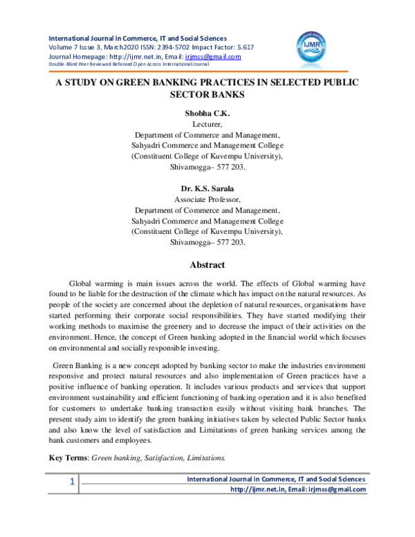 (PDF) A STUDY ON GREEN BANKING PRACTICES IN SELECTED PUBLIC SECTOR BANKS