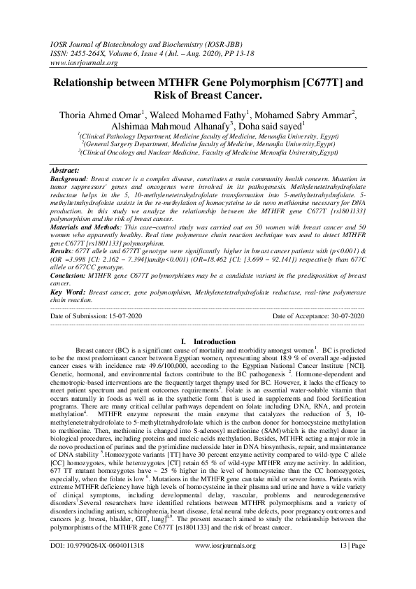 (PDF) Relationship between MTHFR Gene Polymorphism [C677T] and Risk of ...
