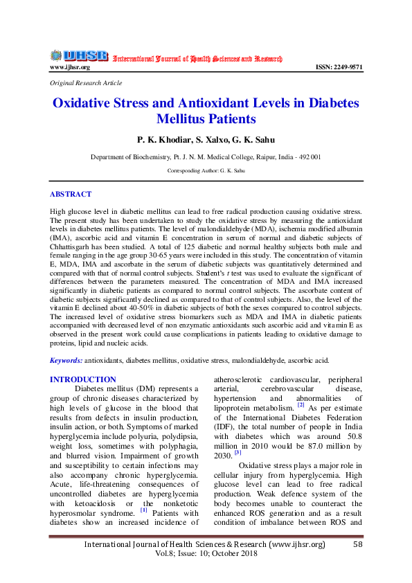 (PDF) Oxidative Stress and Antioxidant Levels in Diabetes Mellitus Patients