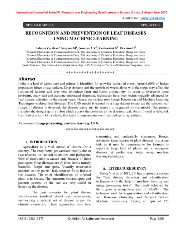 (PDF) RECOGNITION AND PREVENTION OF LEAF DISEASES USING MACHINE LEARNING