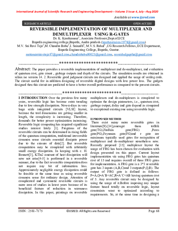 Pdf Reversible Implementation Of Multiplexer And Demultiplexer Using