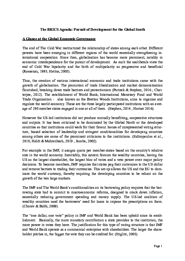 (PDF) The BRICS Agenda: Pursuit of Development for the Global South A ...