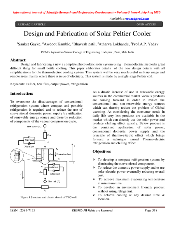 (PDF) Design and Fabrication of Solar Peltier Cooler iJSRED Journal