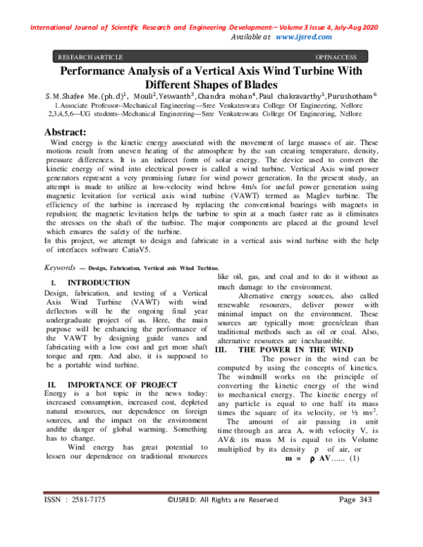 (PDF) Performance Analysis of a Vertical Axis Wind Turbine With ...