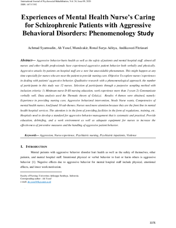 (PDF) Experiences of Mental Health Nurse's Caring for Schizophrenic ...