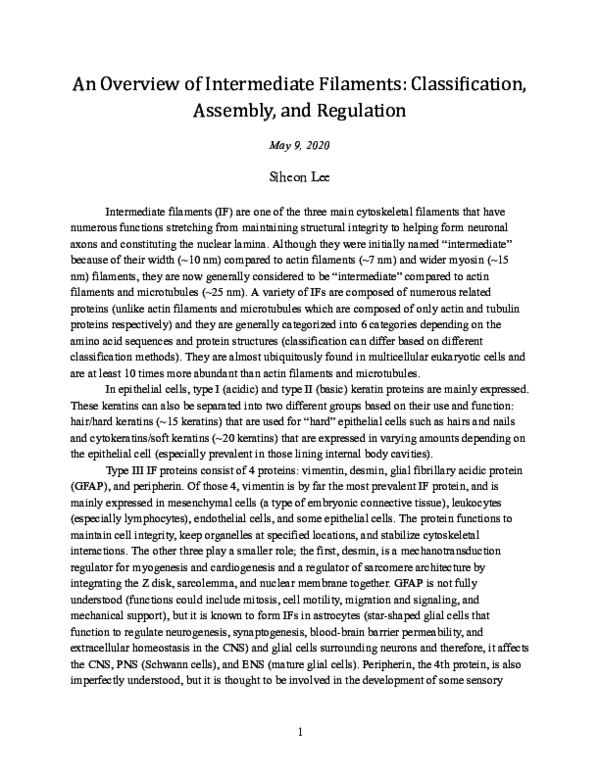 (PDF) An Overview of Intermediate Filaments: Classification, Assembly ...