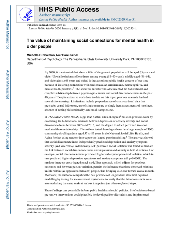 (PDF) The value of maintaining social connections for mental health in ...