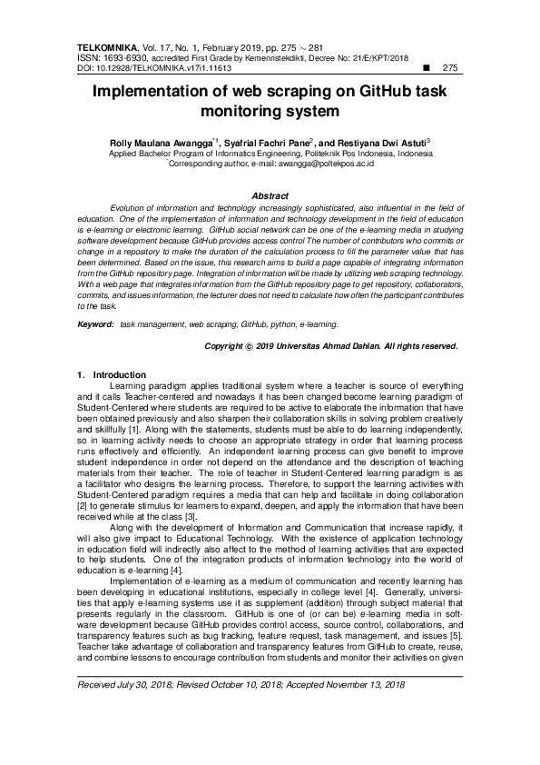 (PDF) Implementation of web scraping on GitHub task monitoring system