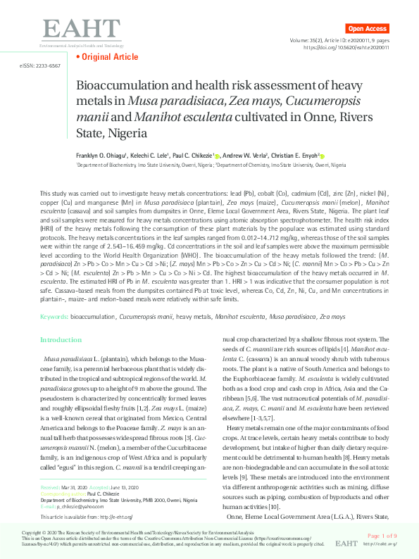 (PDF) Bioaccumulation and health risk assessment of heavy metals in ...