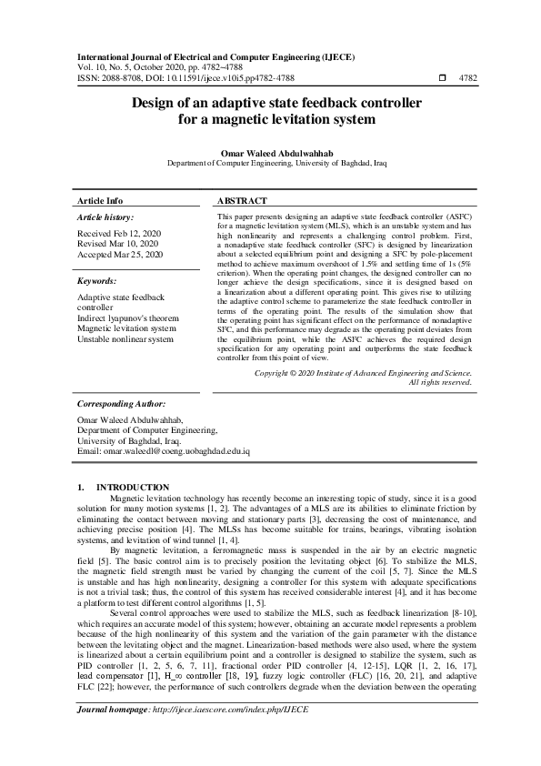 (PDF) Design of an adaptive state feedback controller for a magnetic ...