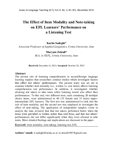 (PDF) The Effect of Item Modality and Note-taking on EFL Learners ...