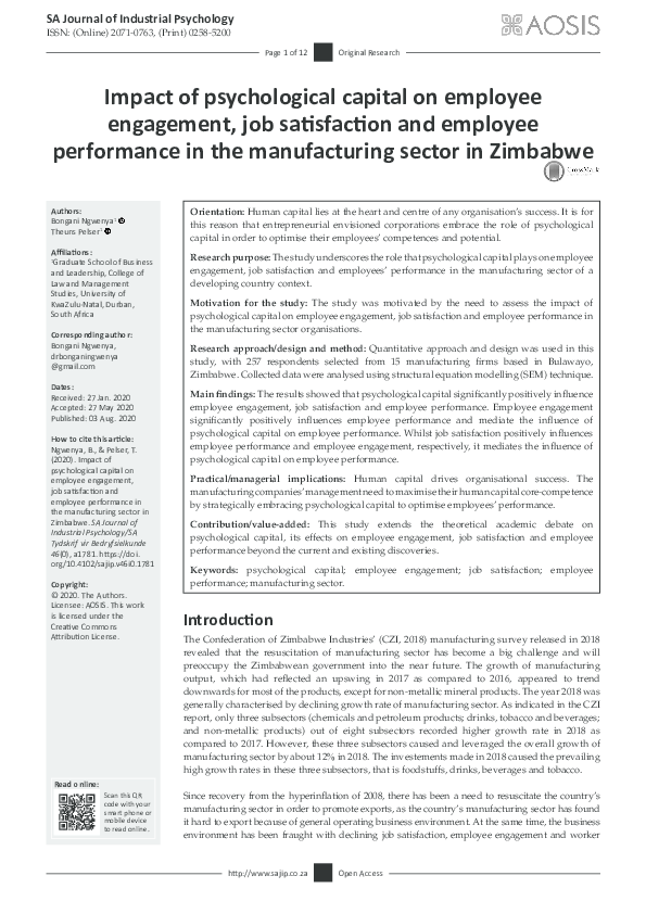 (PDF) Impact of psychological capital on employee engagement job ...