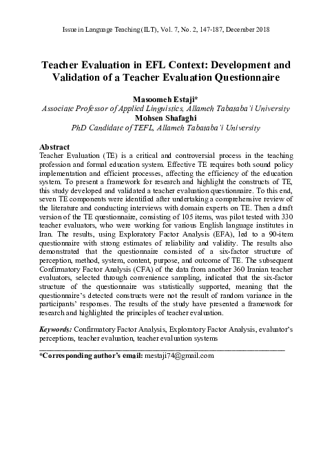 (PDF) Teacher Evaluation in EFL Context: Development and Validation of ...