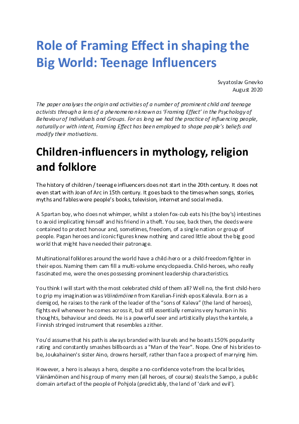 (PDF) Role of Framing Effect in shaping the Big World: Teenage Influencers