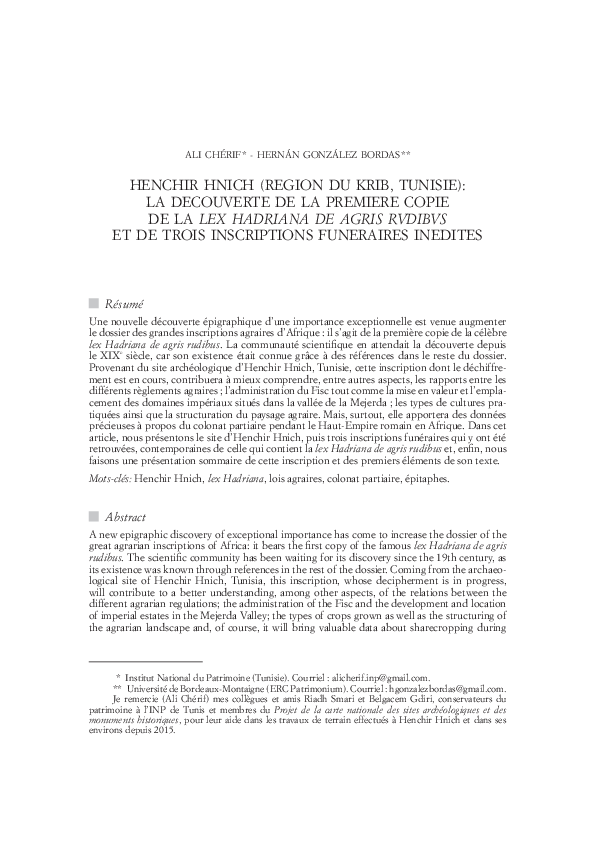(PDF) HENCHIR HNICH (REGION DU KRIB, TUNISIE) LA DECOUVERTE DE LA