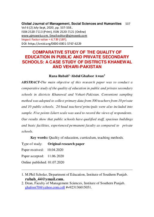 (PDF) COMPARATIVE STUDY OF THE QUALITY OF EDUCATION IN PUBLIC AND ...