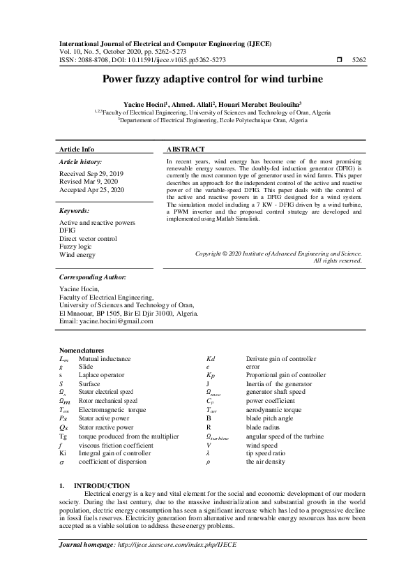 (PDF) Power fuzzy adaptive control for wind turbine