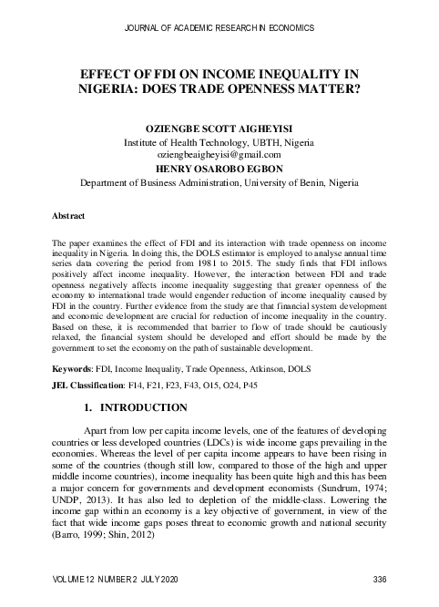 (PDF) EFFECT OF FDI ON INCOME INEQUALITY IN NIGERIA: DOES TRADE ...