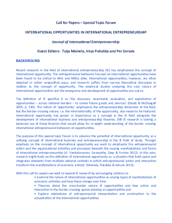 (DOC) Call for Papers for Thematic Special Issue: INTERNATIONAL ...