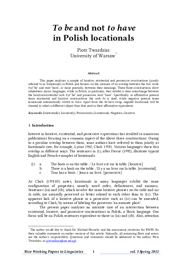 (PDF) 'To be' and not 'to have' in Polish locationals