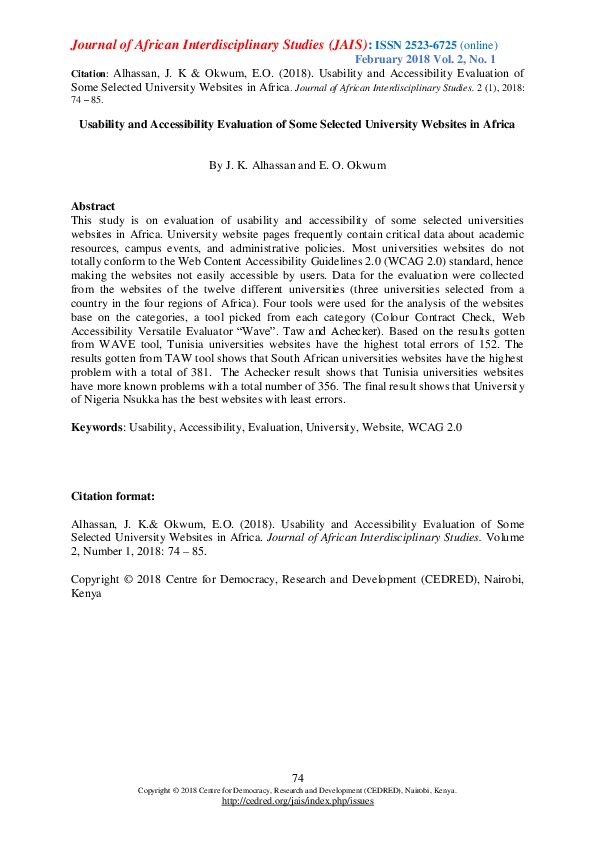 (PDF) Usability and Accessibility Evaluation of Some Selected ...