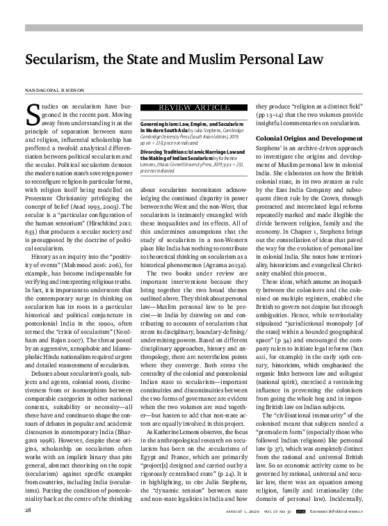 (PDF) Secularism, the State and Muslim Personal Law