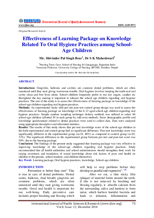 (PDF) Knowledge and Behavior of Oral Hygiene among New Intake of ...