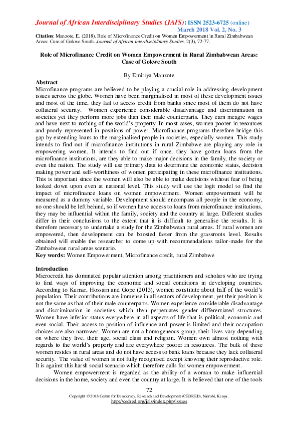 (PDF) Role of Microfinance Credit on Women Empowerment in Rural ...