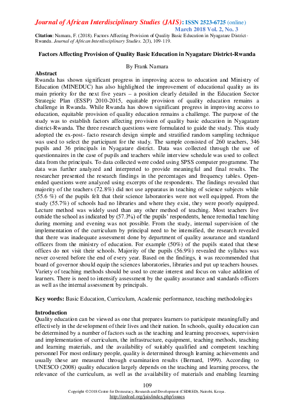 (PDF) Factors Affecting Provision of Quality Basic Education in ...