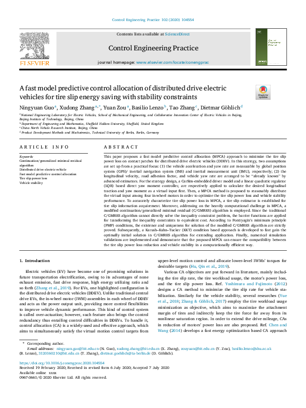 (PDF) A fast model predictive control allocation of distributed drive ...