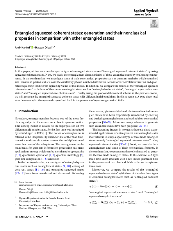 (PDF) Entangled squeezed coherent states: generation and their ...