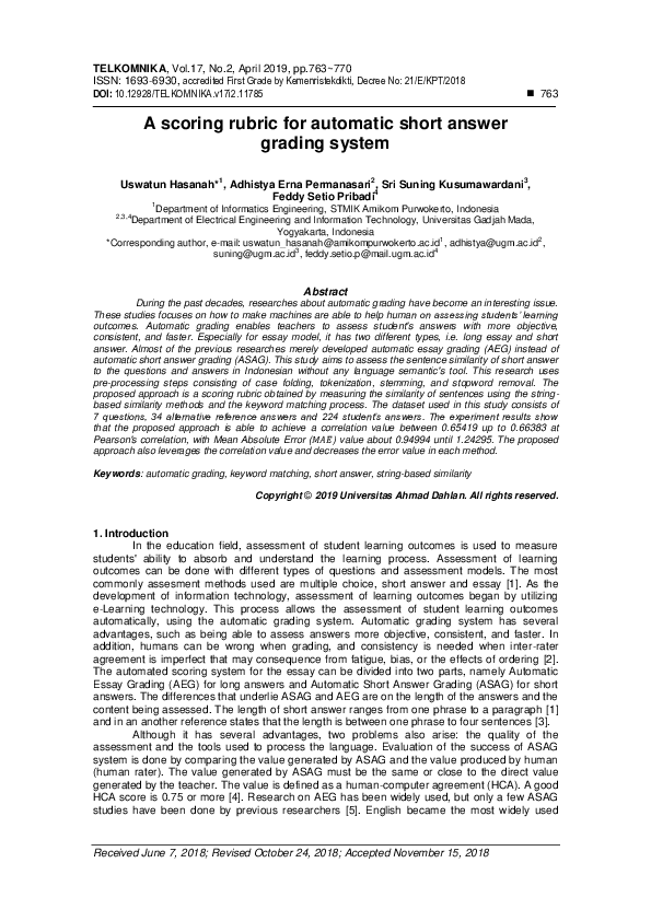 (PDF) A scoring rubric for automatic short answer grading system