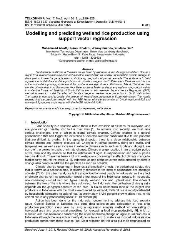 (PDF) Modelling and predicting wetland rice production using support