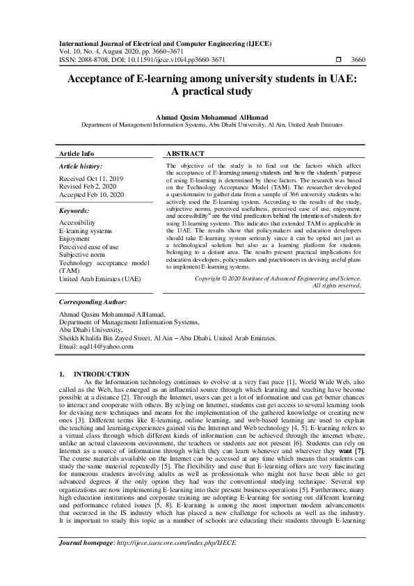 (PDF) Acceptance of E-learning among university students in UAE: A ...