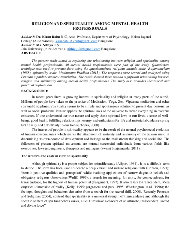 (PDF) RELIGION AND SPIRITUALITY AMONG MENTAL HEALTH PROFESSIONALS
