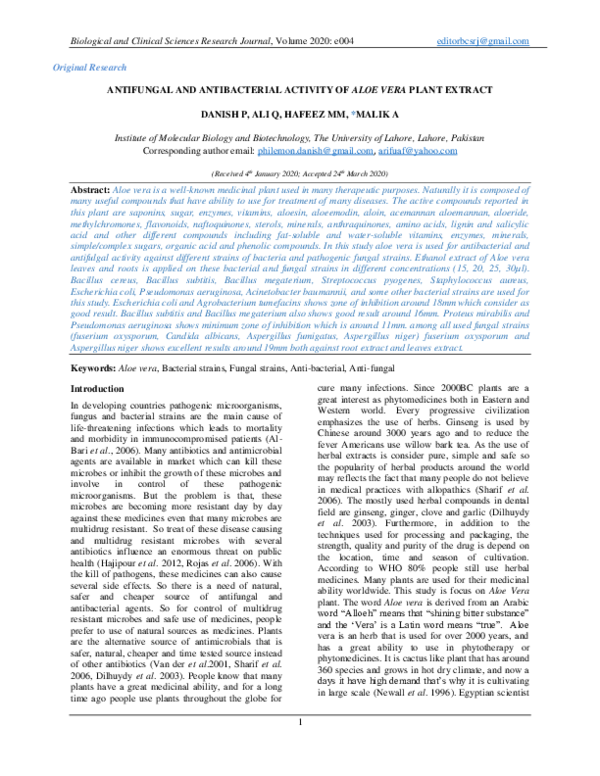 (PDF) ANTIFUNGAL AND ANTIBACTERIAL ACTIVITY OF ALOE VERA PLANT EXTRACT