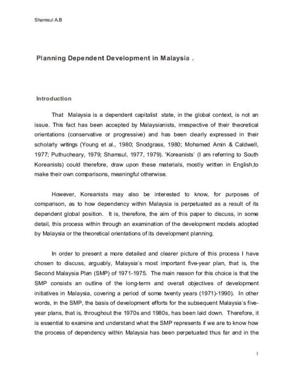 (DOC) Planning Dependent Development in Malaysia