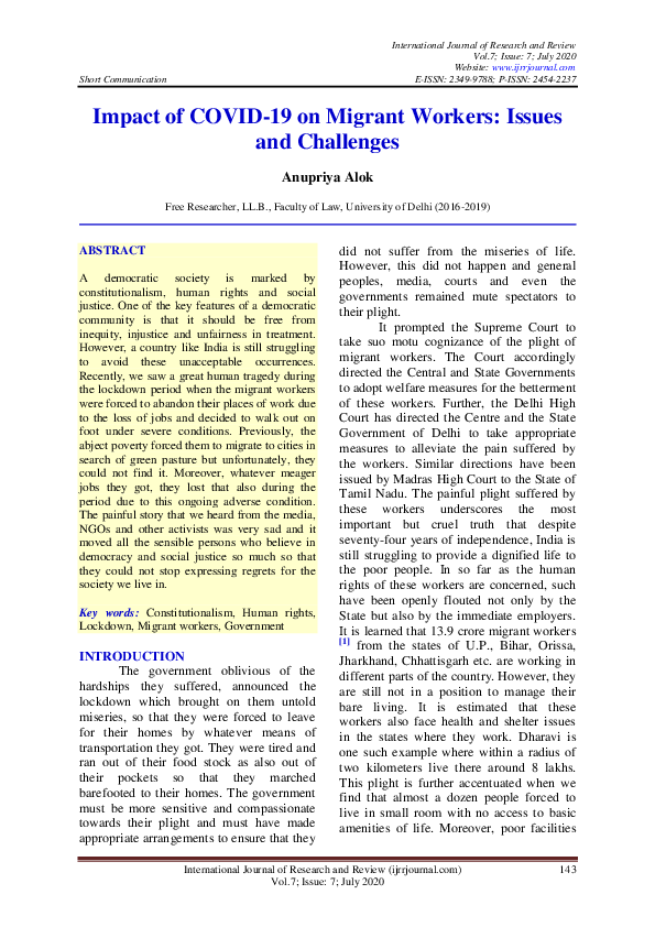 (PDF) Impact of COVID-19 on Migrant Workers: Issues and Challenges