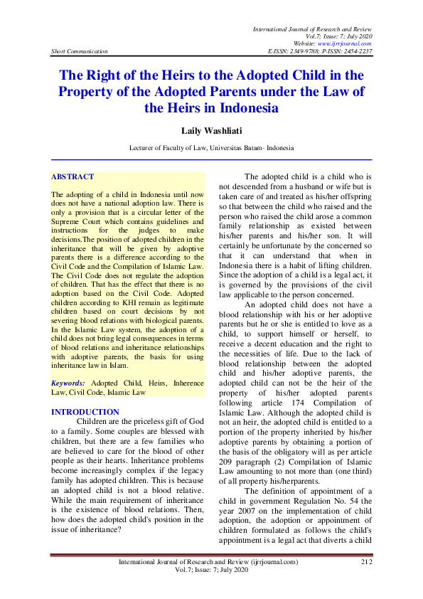(PDF) The Right of the Heirs to the Adopted Child in the Property of ...