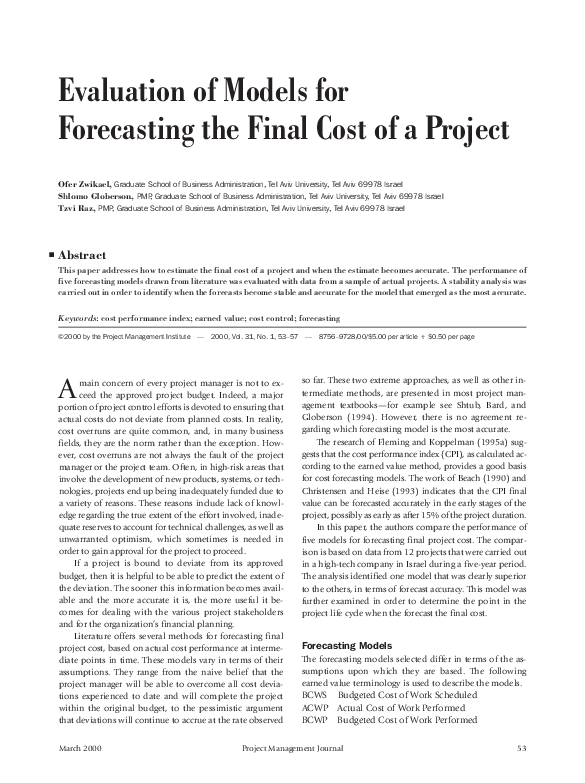 (PDF) Evaluation of Models for Forecasting the Final Cost of a Project