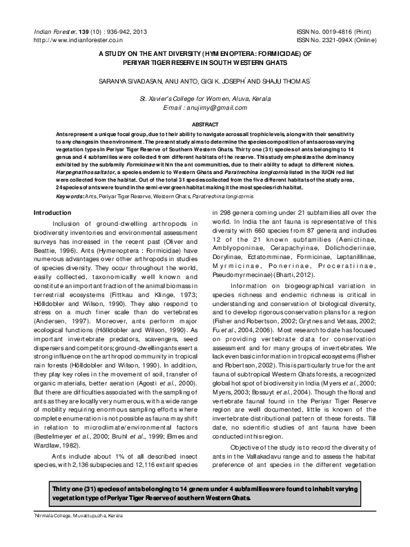 PDF) A STUDY ON THE ANT DIVERSITY (HYMENOPTERA: FORMICIDAE